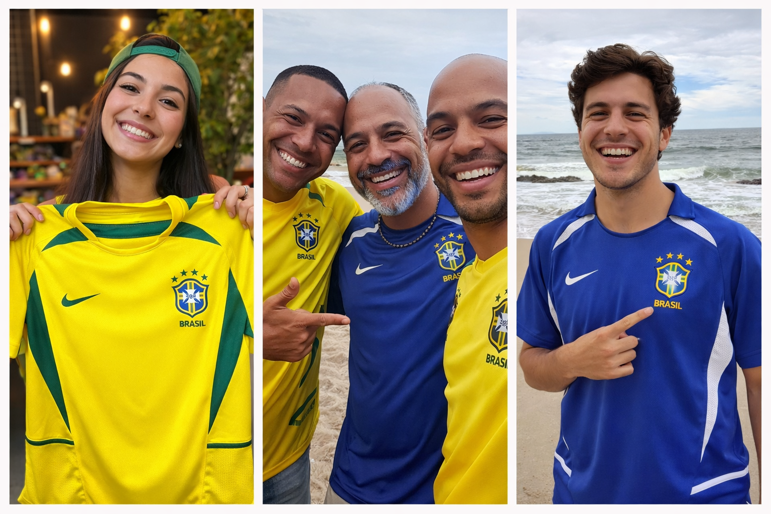 Pai e filho com camisa, torcedor no estádio e grupo de amigos